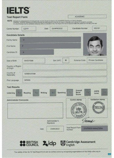 Download United Kingdom Ielts report form Photoshop template